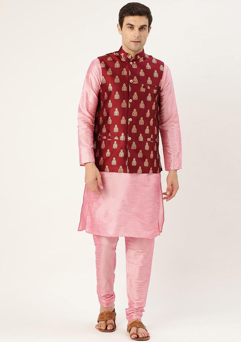 Pink Solid Poly Blend Kurta Set For Men