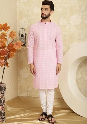 Pink Thread Work Cotton Kurta Set For Men