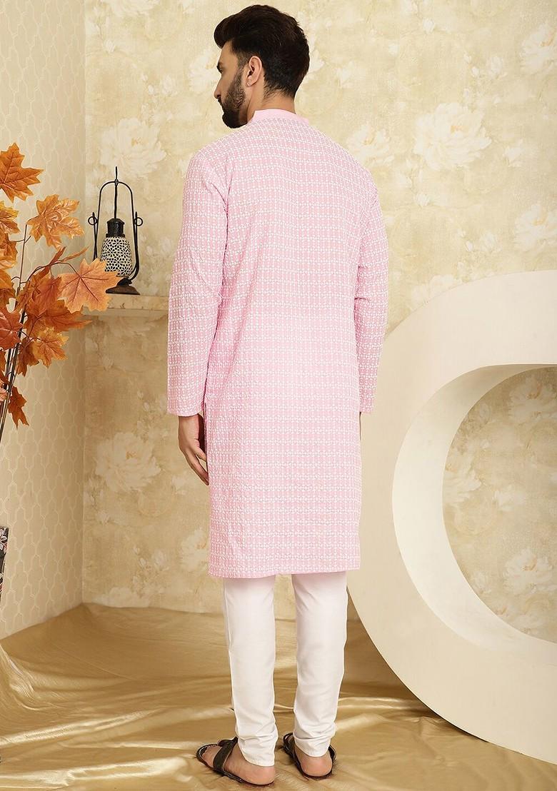 Pink Thread Work Cotton Kurta Set For Men