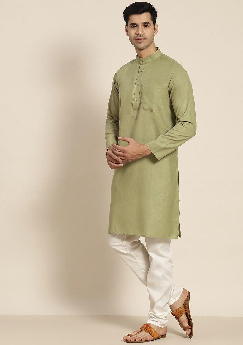 Green Solid Poly Blend Kurta Set For Men