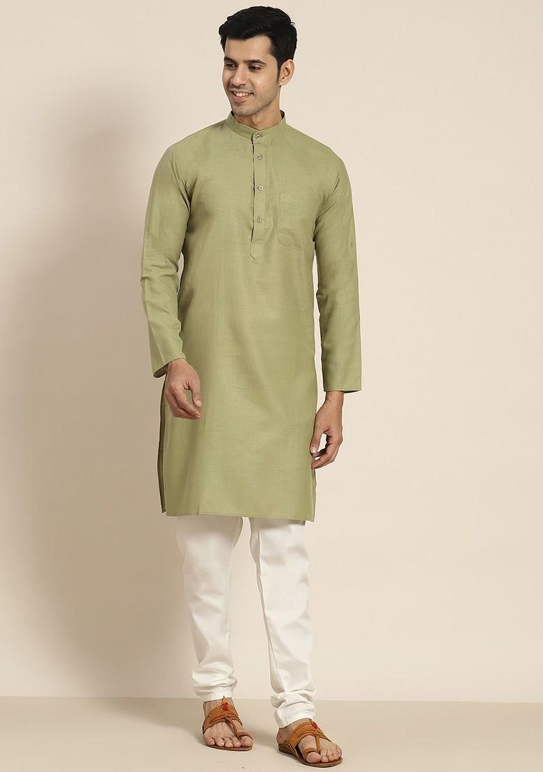 Green Solid Poly Blend Kurta Set For Men