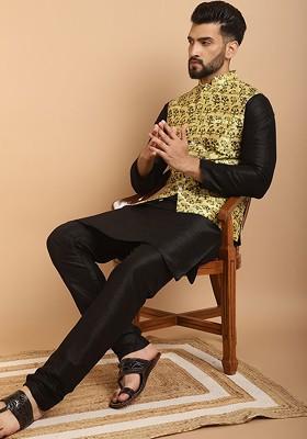 Black Printed Poly Blend Kurta Set For Men
