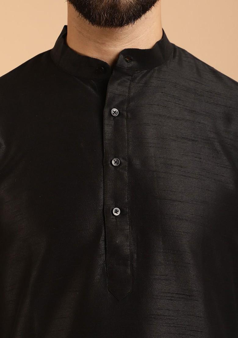 Black Printed Poly Blend Kurta Set For Men