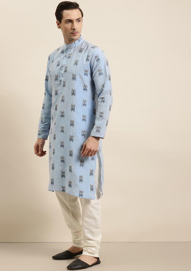Blue Woven Cotton Kurta Set For Men