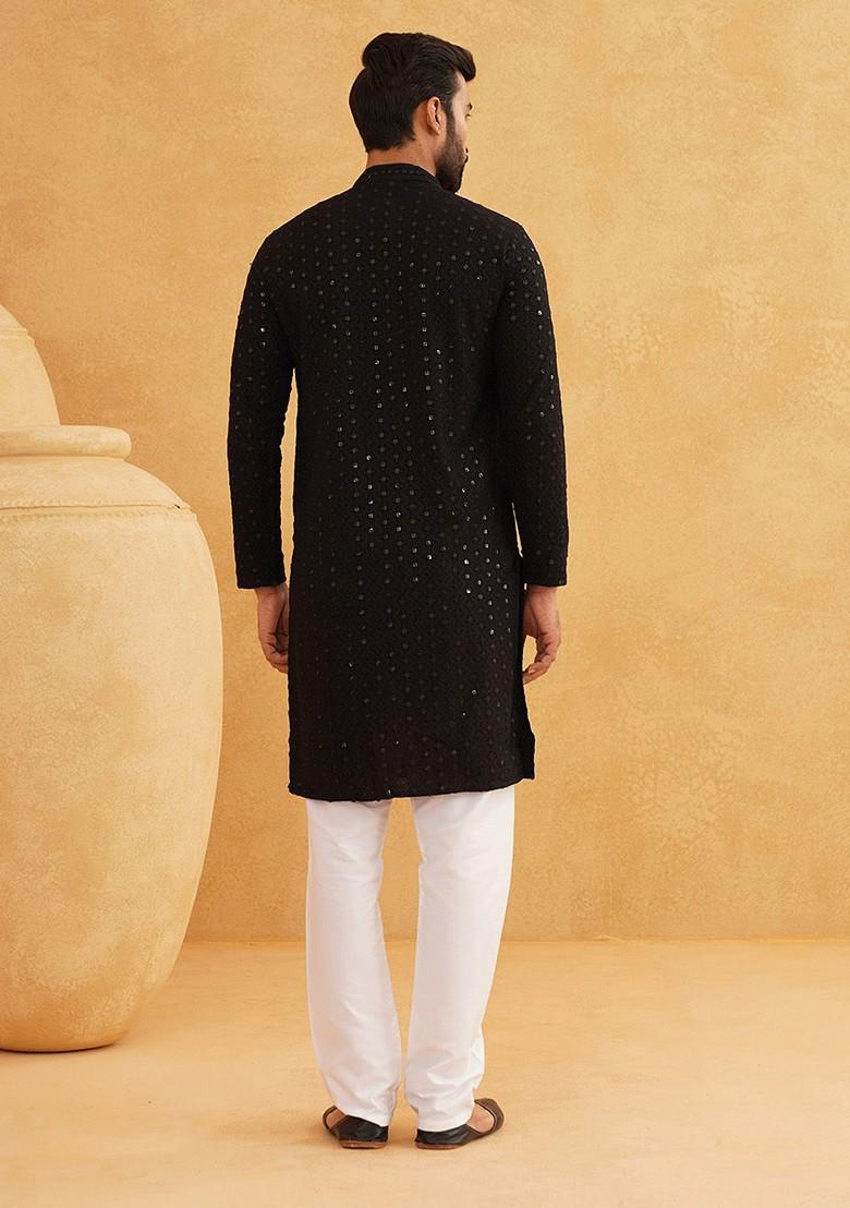 Black Embroidered Cotton Kurta Set For Men