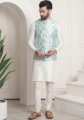 Off White Solid Poly Blend Kurta Set For Men