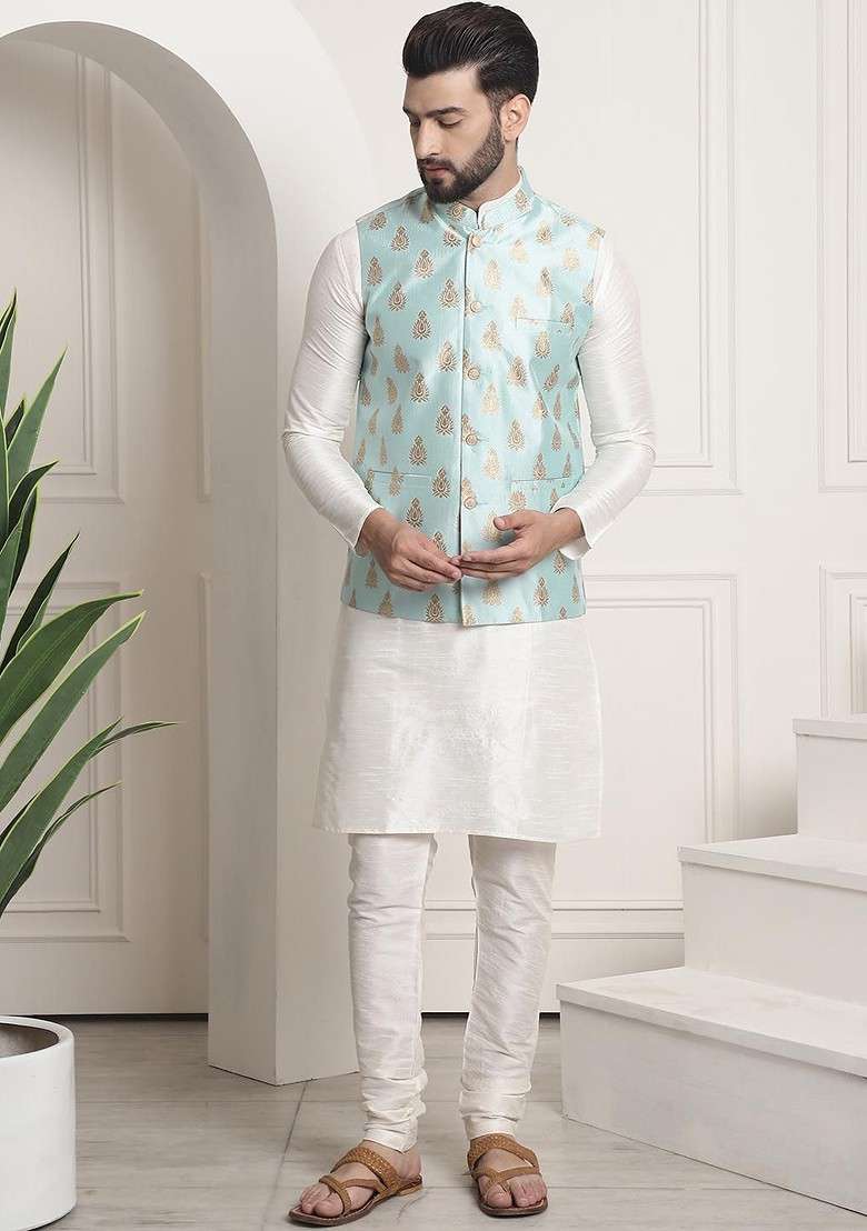 Off White Solid Poly Blend Kurta Set For Men - Indya