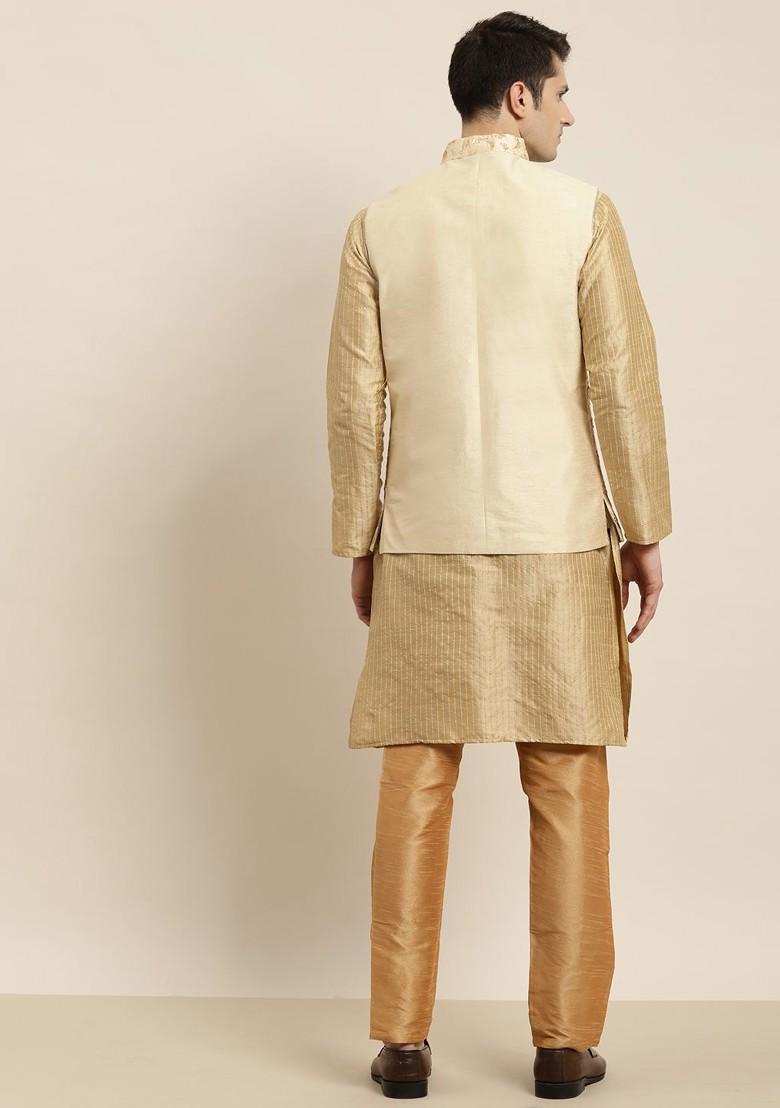 Gold Solid Poly Blend Kurta Set For Men
