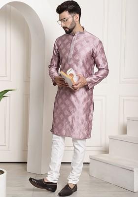 Purple Thread Work Poly Blend Kurta Set For Men