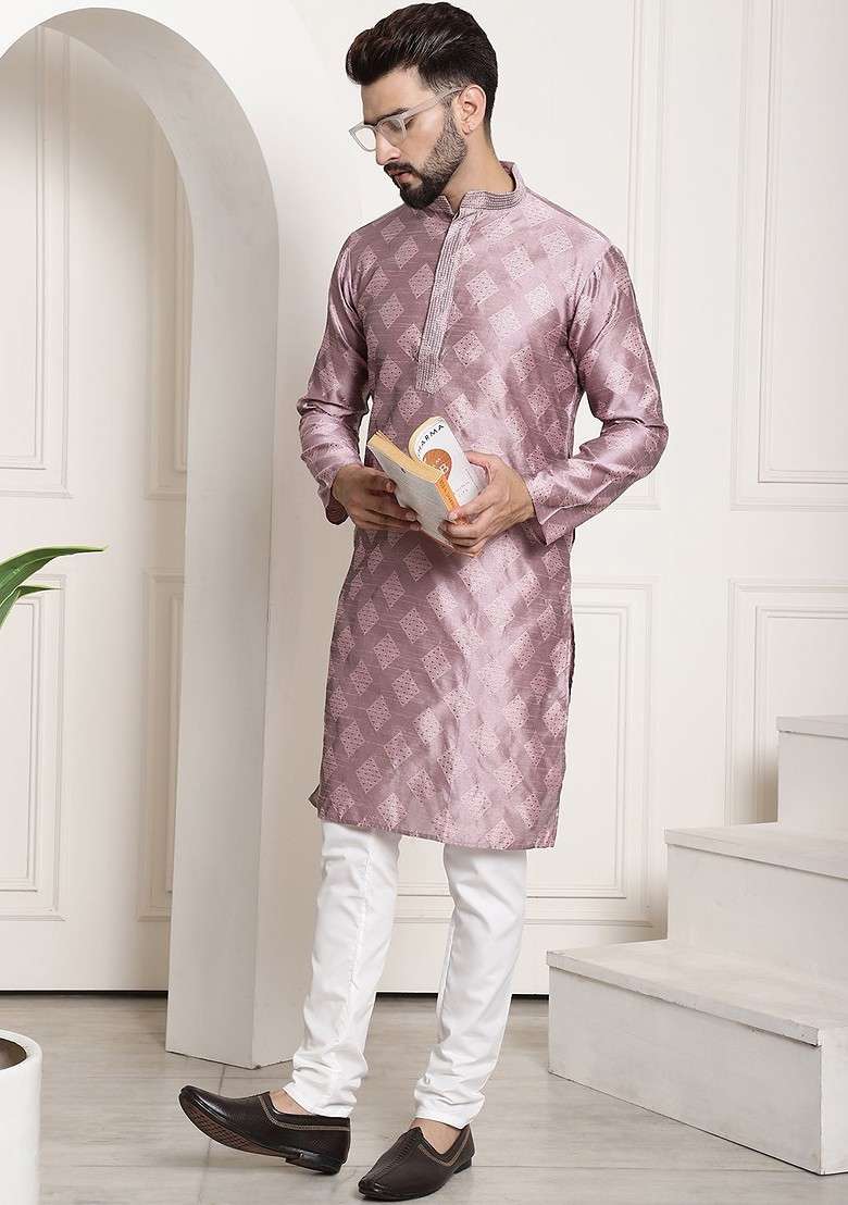 Purple Thread Work Poly Blend Kurta Set For Men - Indya