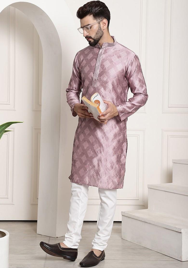 Purple Thread Work Poly Blend Kurta Set For Men