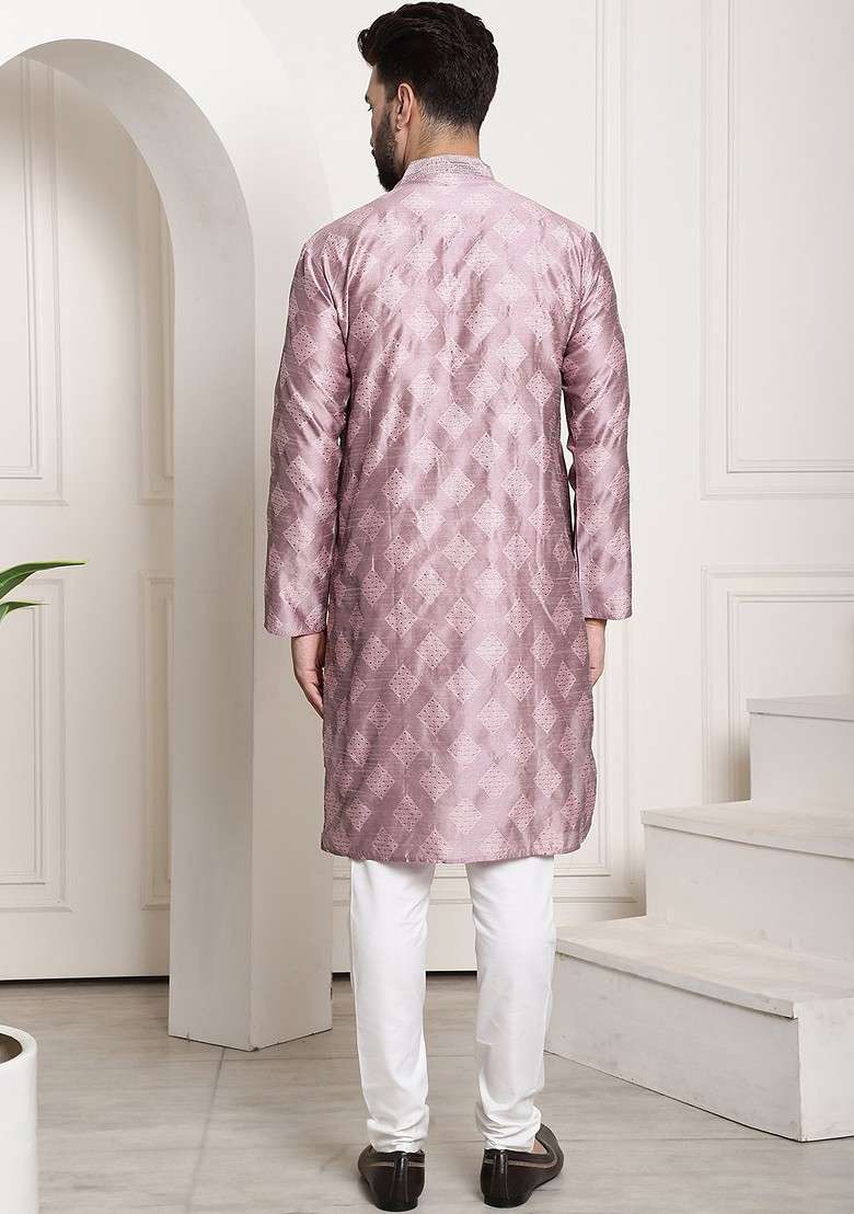 Purple Thread Work Poly Blend Kurta Set For Men - Indya