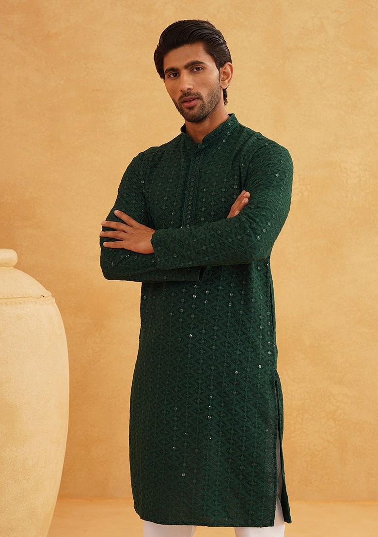 Green Embroidered Cotton Kurta Set For Men