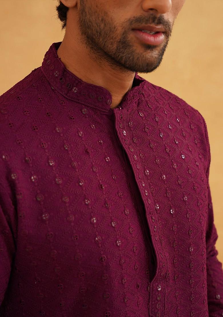 Purple Embroidered Cotton Kurta Set For Men