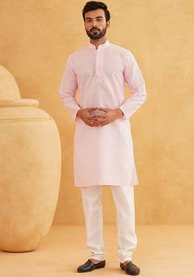 Pink Embroidered Cotton Kurta Set For Men