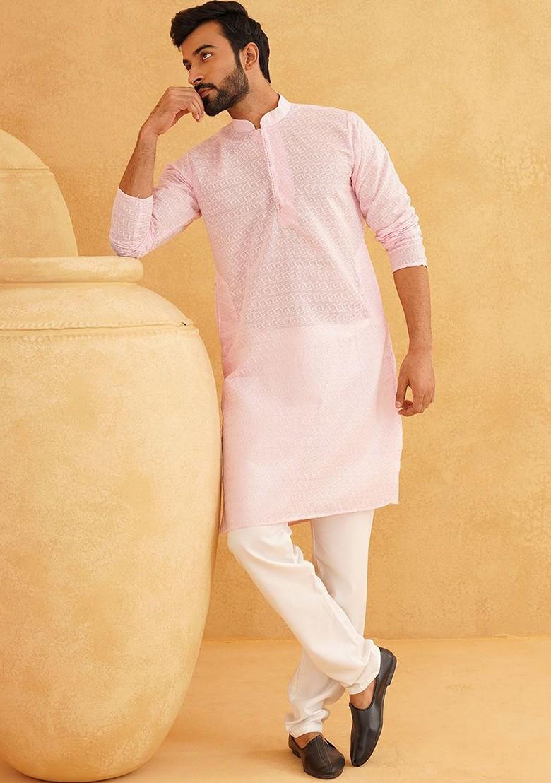 Pink Embroidered Cotton Kurta Set For Men