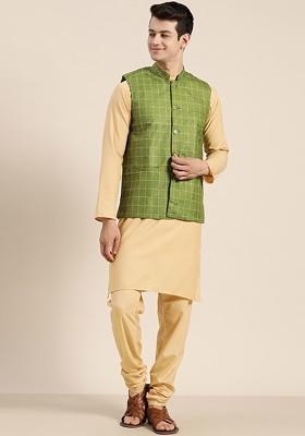 Beige Solid Poly Blend Kurta Set For Men