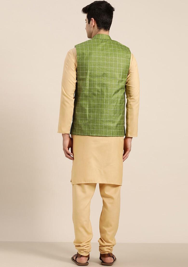 Beige Solid Poly Blend Kurta Set For Men