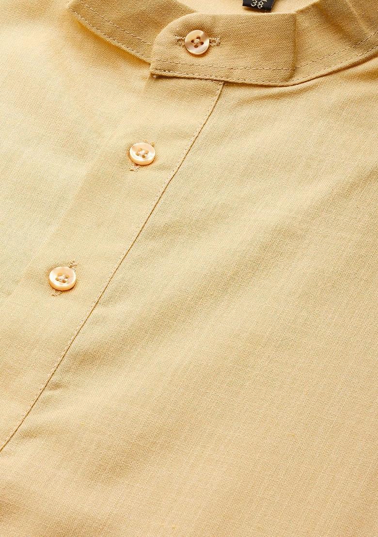 Beige Solid Poly Blend Kurta Set For Men