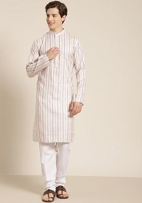 Peach Striped Cotton Kurta Set For Men