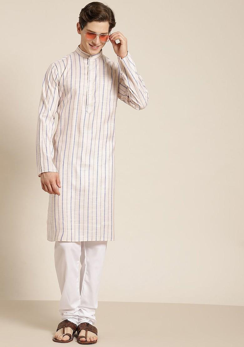 Peach Striped Cotton Kurta Set For Men