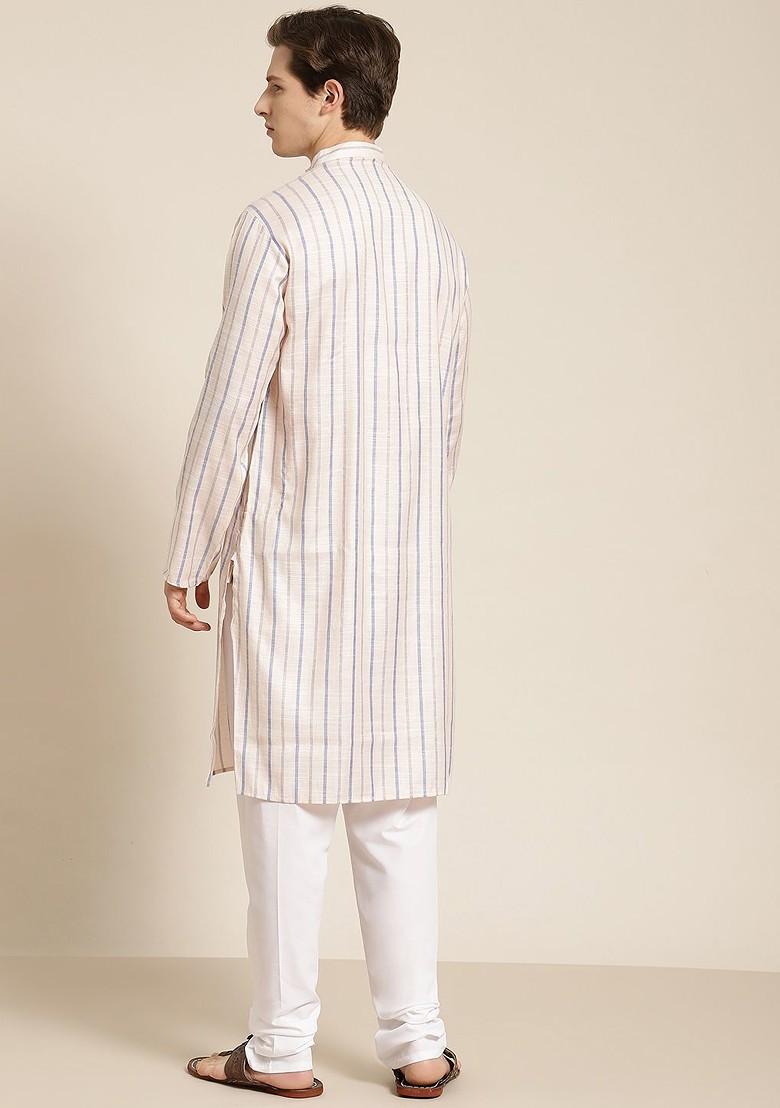 Peach Striped Cotton Kurta Set For Men