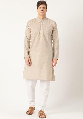 Beige Striped Poly Blend Kurta Set For Men