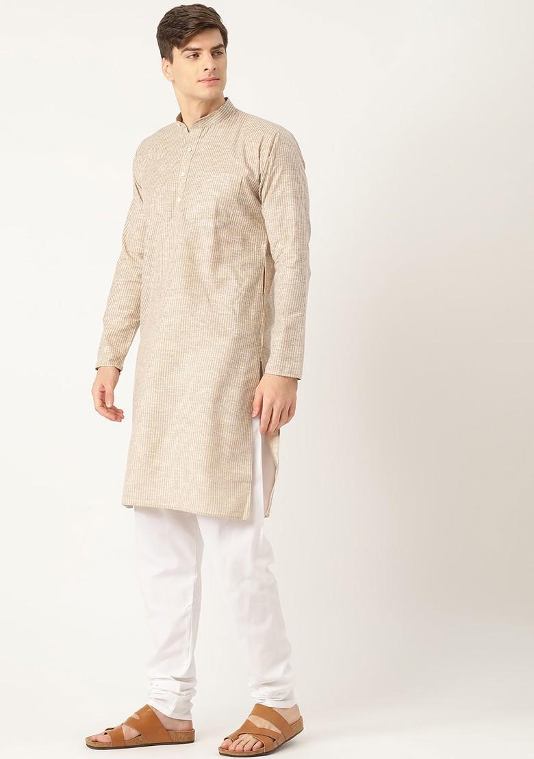 Beige Striped Poly Blend Kurta Set For Men