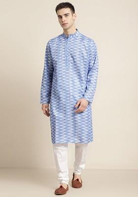 Blue Solid Cotton Kurta Set For Men