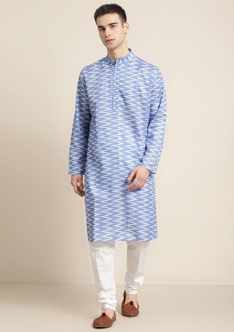 Blue Solid Cotton Kurta Set For Men