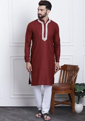 Maroon Embroidered Cotton Kurta Set For Men