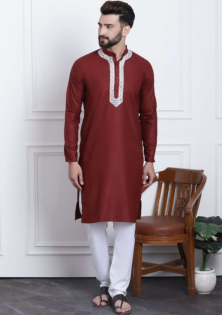 Maroon Embroidered Cotton Kurta Set For Men - Indya