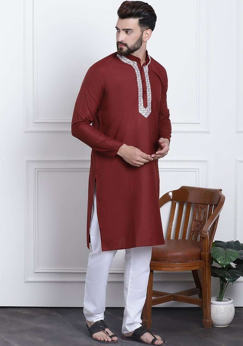 Maroon Embroidered Cotton Kurta Set For Men - Indya