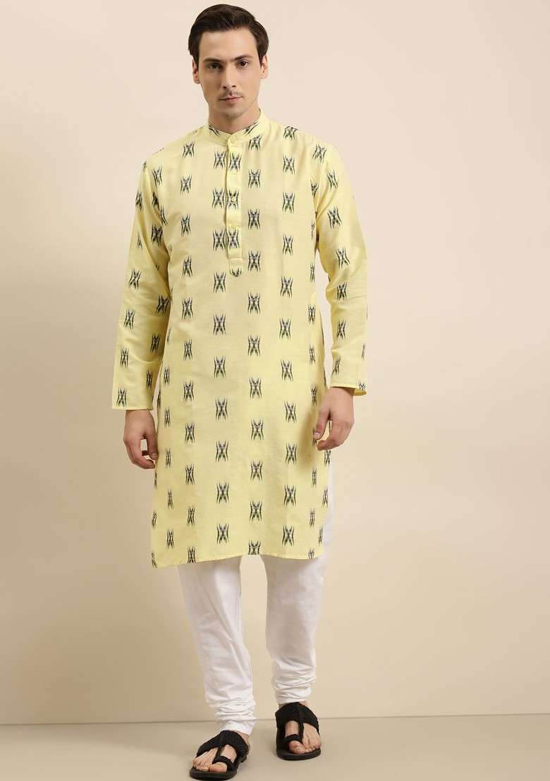 Yellow Woven Cotton Kurta Set For Men - Indya