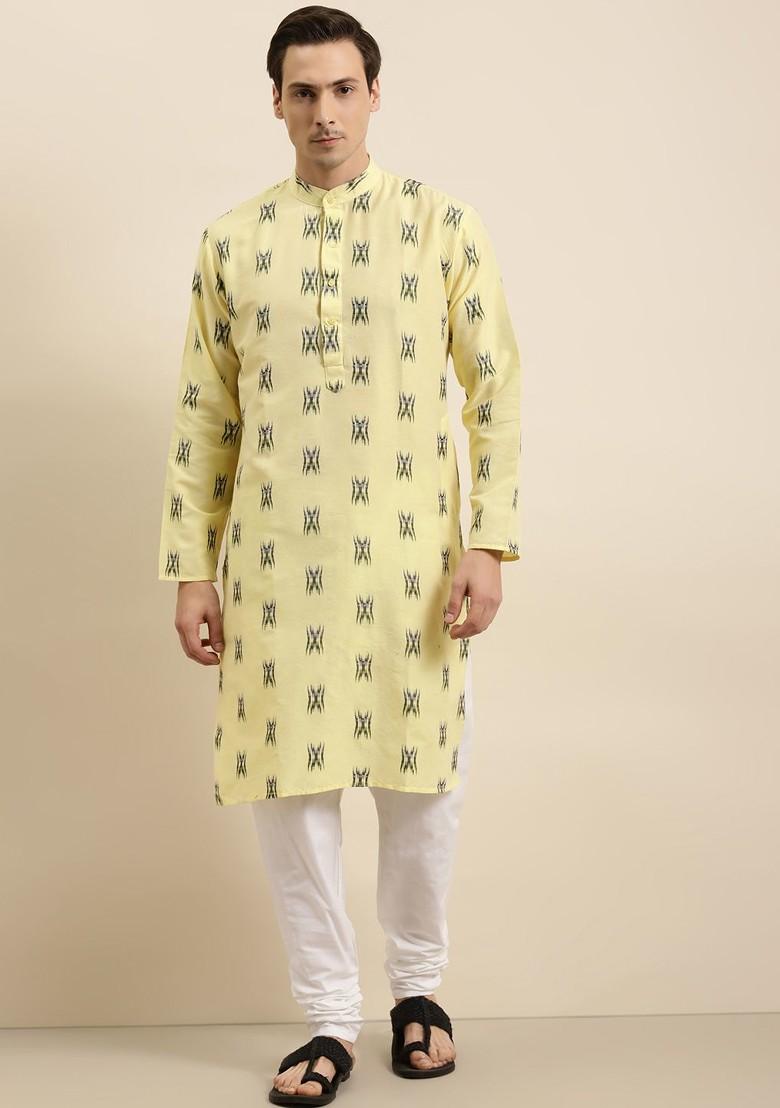 Yellow Woven Cotton Kurta Set For Men