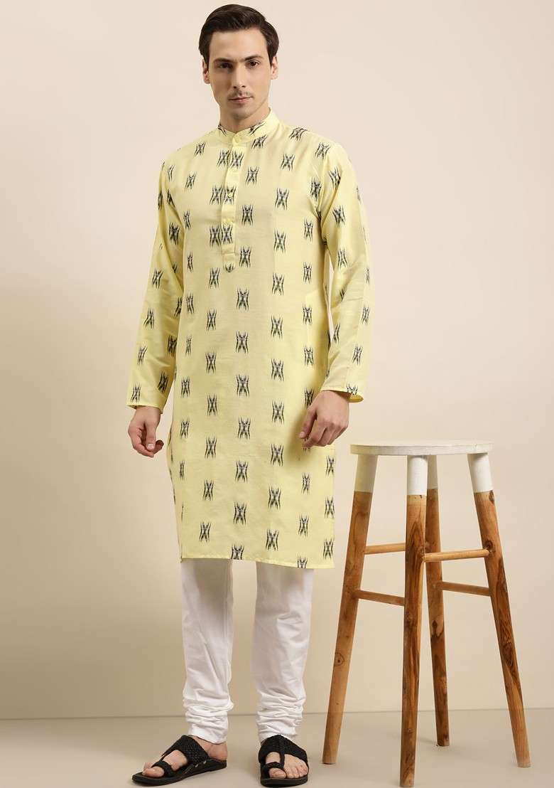 Yellow Woven Cotton Kurta Set For Men - Indya
