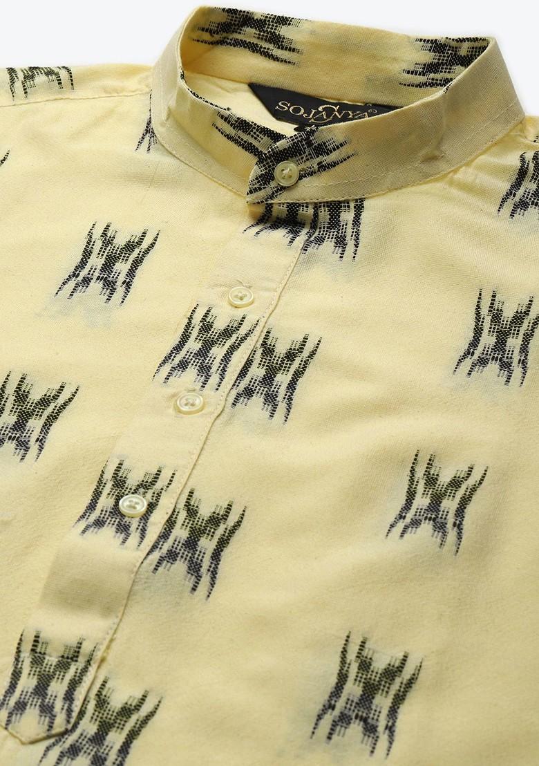 Yellow Woven Cotton Kurta Set For Men