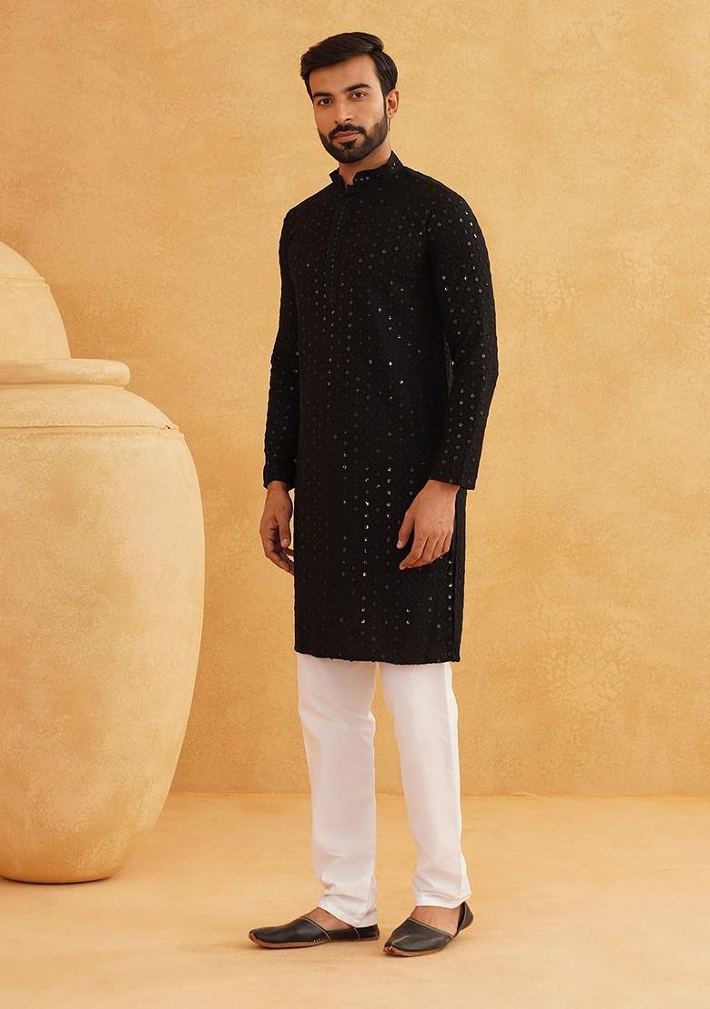 Black Embroidered Cotton Kurta Set For Men