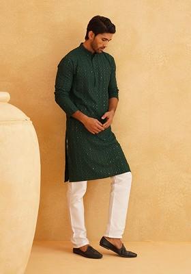 Green Embroidered Cotton Kurta Set For Men