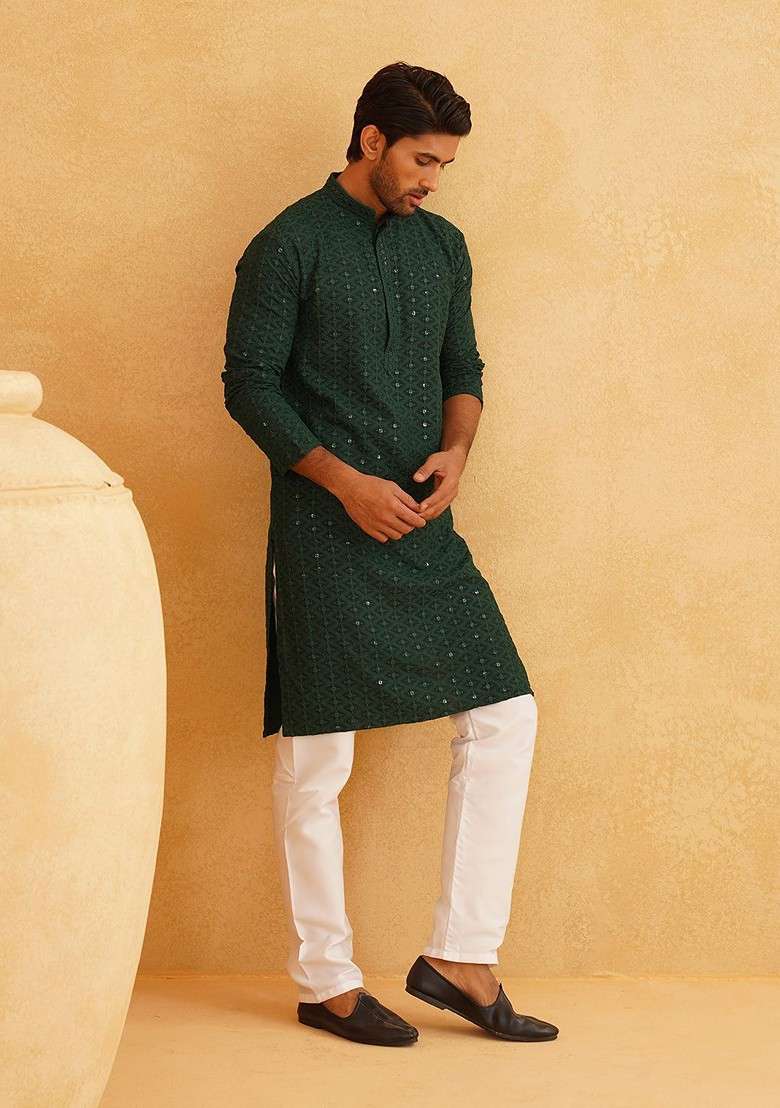 Green Embroidered Cotton Kurta Set For Men - Indya
