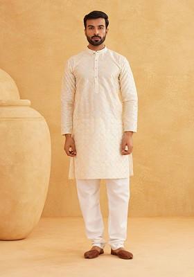 Cream Thread Work Poly Blend Kurta Set For Men