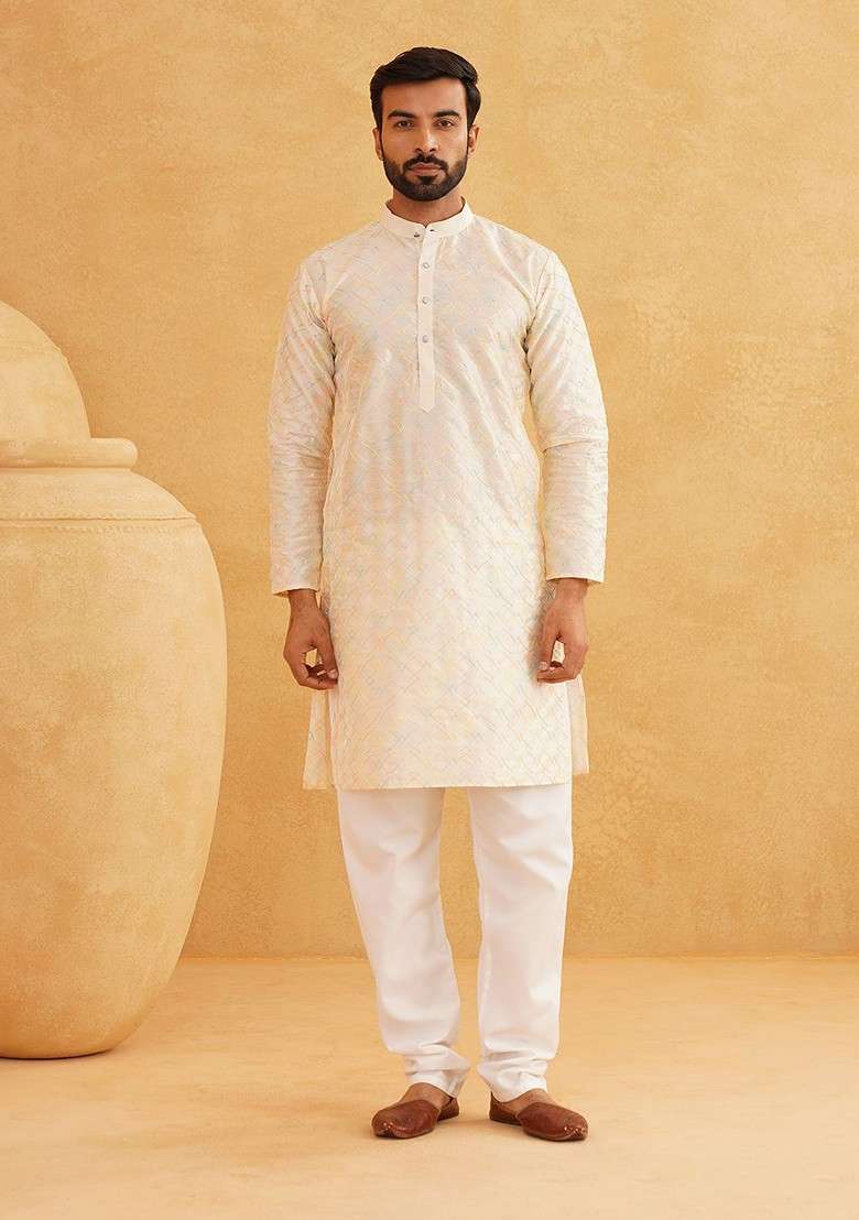 Cream Thread Work Poly Blend Kurta Set For Men - Indya
