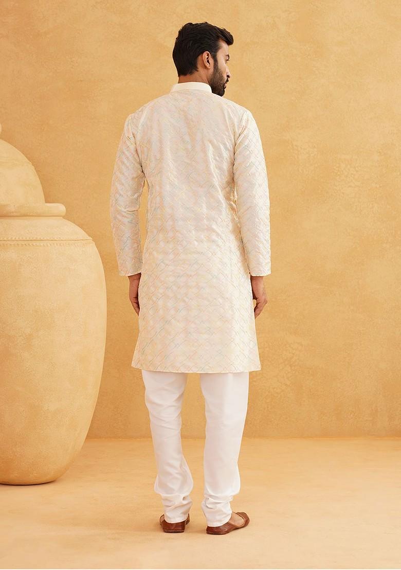 Cream Thread Work Poly Blend Kurta Set For Men