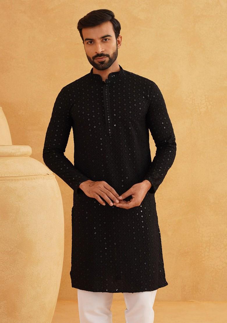 Black Embroidered Cotton Kurta Set For Men