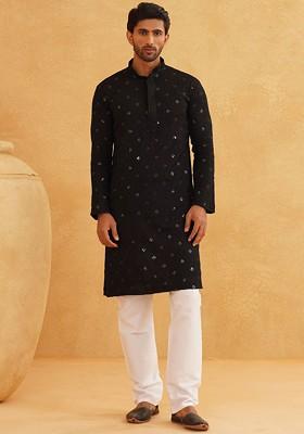 Black Embroidered Cotton Kurta Set For Men