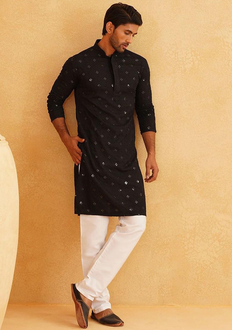 Black Embroidered Cotton Kurta Set For Men