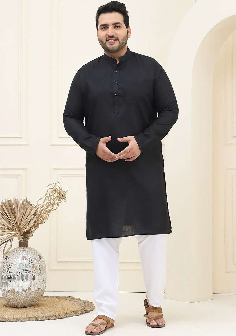 Black Solid Cotton Kurta Set For Men - Indya