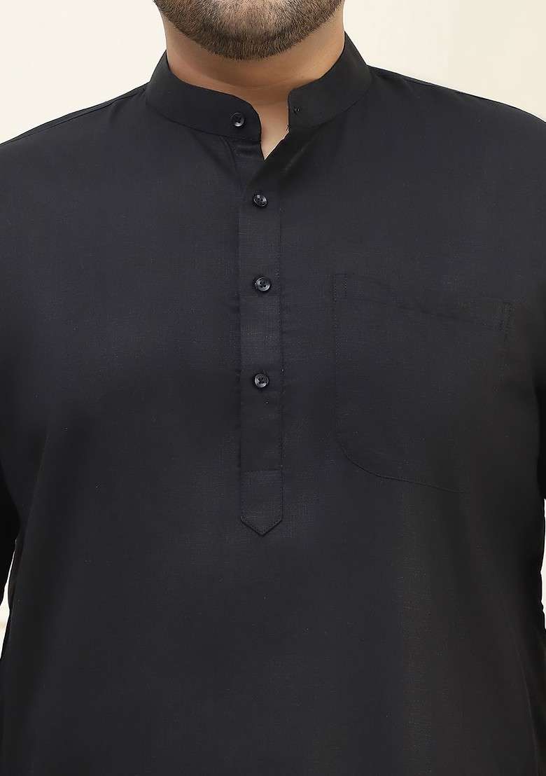 Black Solid Cotton Kurta Set For Men - Indya