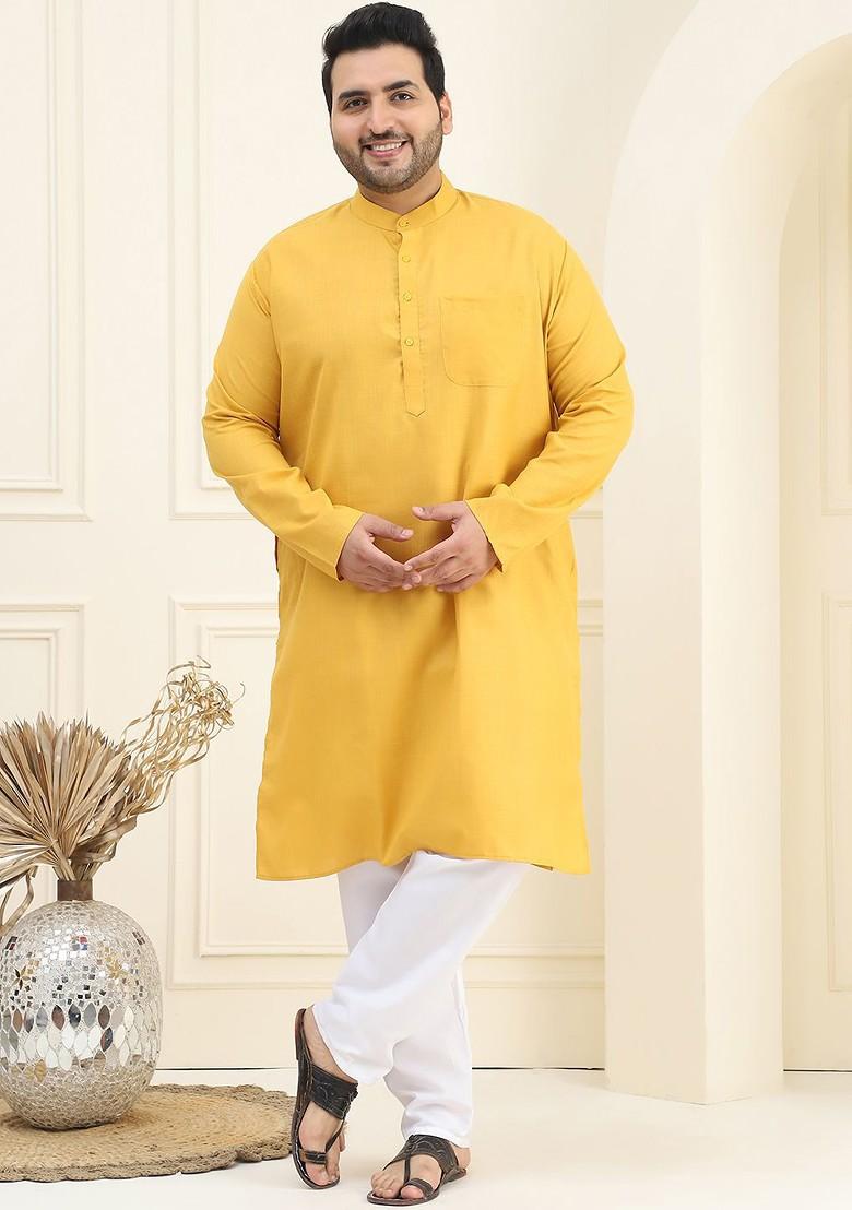 Mustard Solid Cotton Kurta Set For Men