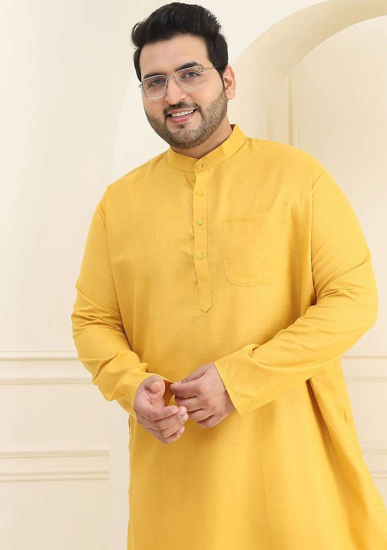 Mustard Solid Cotton Kurta Set For Men - Indya